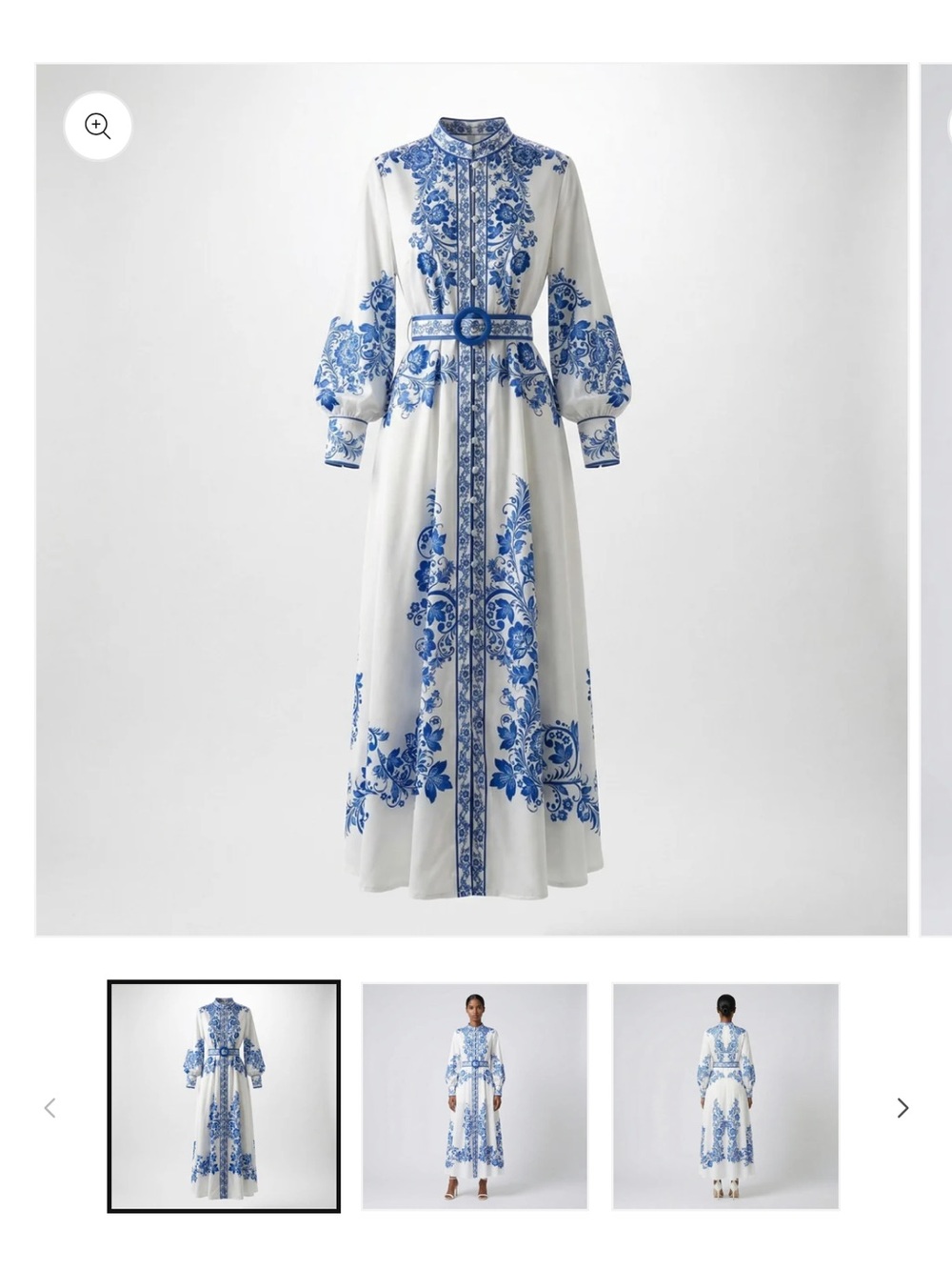 White Maxi Dress with Blue Floral Print and Belt